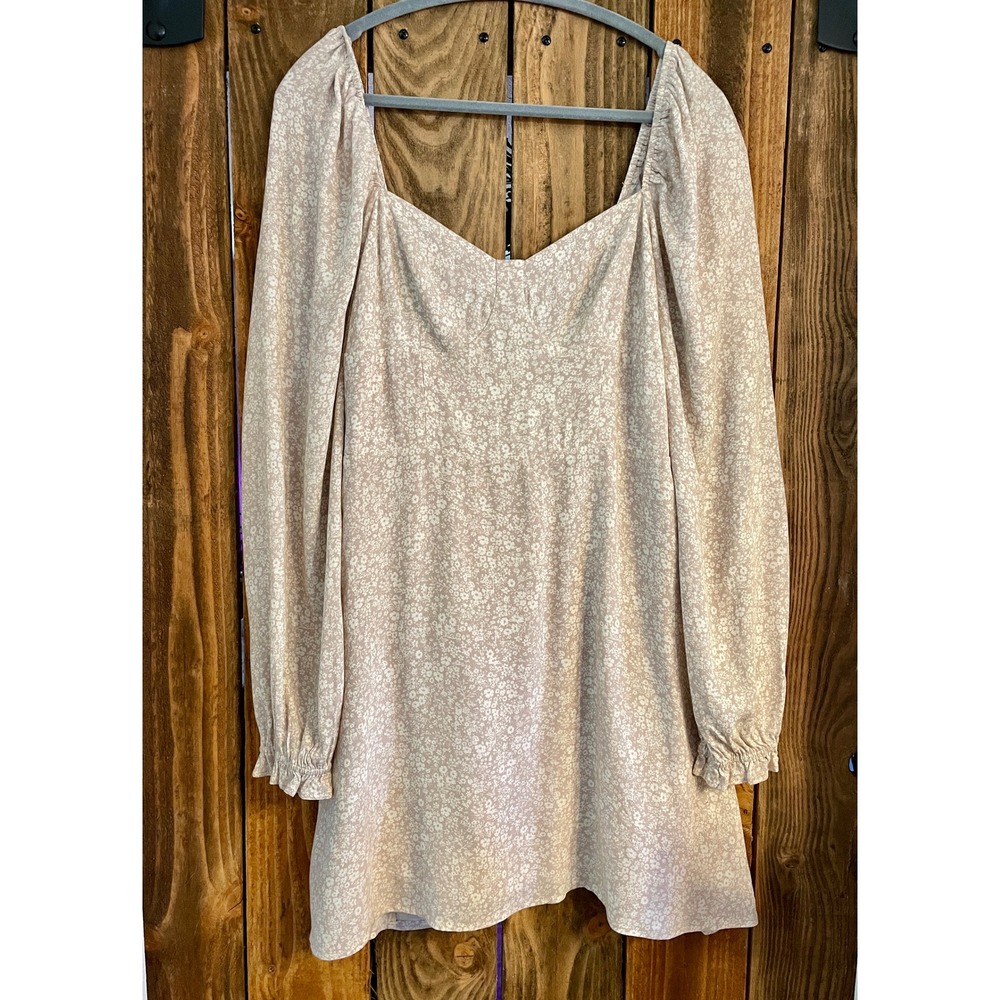 Altar'd State Floral Cottagecore Long Sleeve Smocked‎ Mini Dress Nude Tan XL